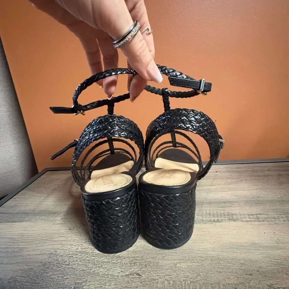 SCHUTZ Black Braided Strappy Block Heel Sandals